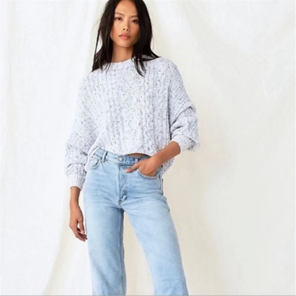Free People On Your Side Cropped Cable Knit boxy slouchy  Crew Neck Sweater L - Picture 3 of 15